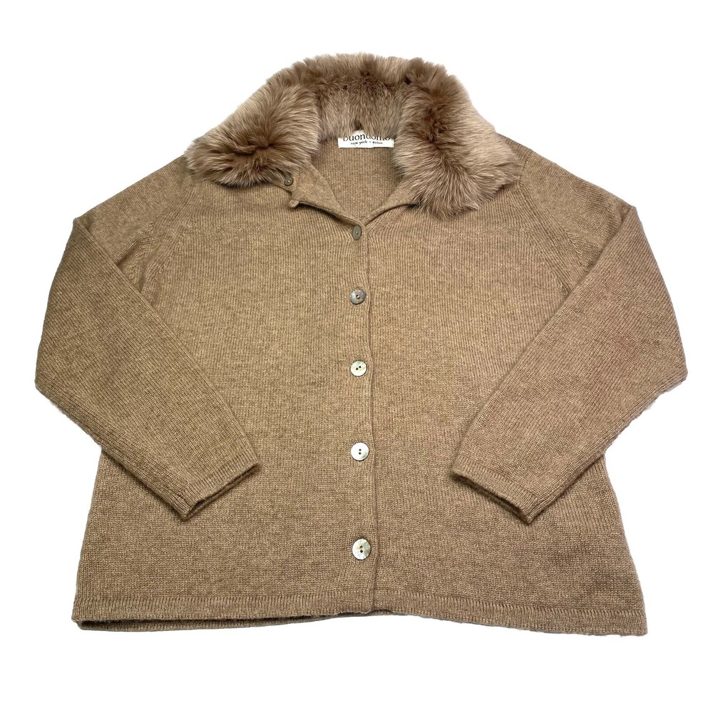 Buonomo New York Milan Tan Cardigan Sweater Detachable Fur Collar Womens L